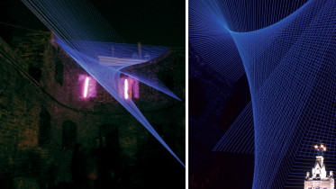 2005 - DUOCHORD, Baszta, Poznań; wełna, linka stalowa, listwa, lampa UV; 700 x 1750 x 900cm