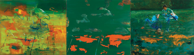 Z cyklu: "Optyka pamięci (Agnieszka i Ania)", 2015, olej, płótno, 80 x 285 cm,